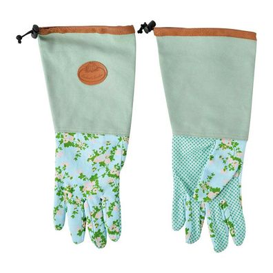 Garten Handschuhe mit Rosendruck – Lang mit Unterarmschutz und Noppen, Grün