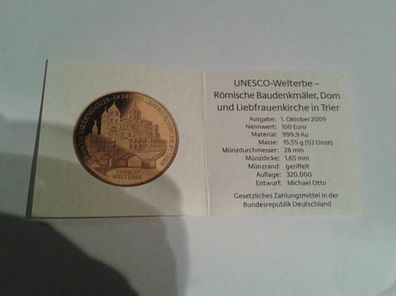 Zertifikat für 100 euro 2009 Unesco Trier Liebfrauendom 1/2 UNze Gold BRD Deutschland