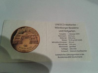 Zertifikat für 100 euro 2010 Unesco Würzburger Residenz 1/2 Unze Gold BRD Deutschland