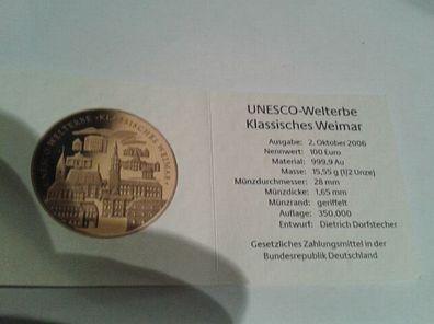 Zertifikat für 100 euro 2006 Unesco Klassisches Weimar 1/2 Unze Gold BRD Deutschland