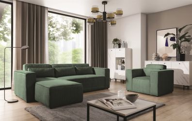 Ecksofa Schlafsofa inkl. Sessel WALDO Stoff Poso Grün Ottomane Links