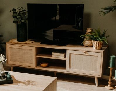 TV-Lowboard für Flat TV Unterschrank Sonoma Eiche und Bast Board 150 cm 65" Niran
