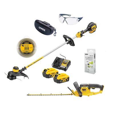 DeWALT UVEX Gartenpflege-Set 18V - mit Rasentrimmer, Heckenschere + Schutz-Set