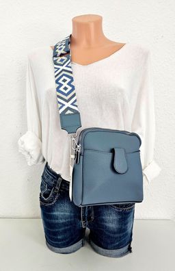 Bauchtasche Umhängetasche Crossbody Bag Kunstleder bunter breiter Gurt Jeansblau