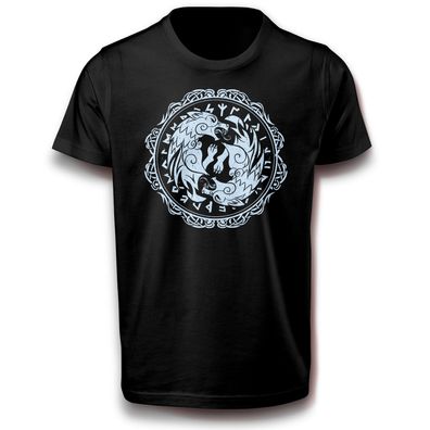 Runen Wölfe Wolf Wikinger Symbol T-Shirt Baumwolle Odin Mythologie Valhalla Tribal