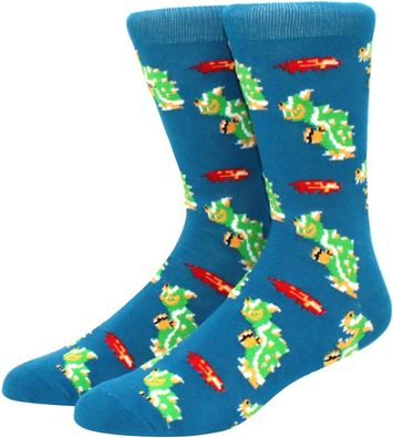 Bowser 8 BIT Blaue Socken - Nintendo Super Mario 360° Motiv Charakter Cartoon Socken