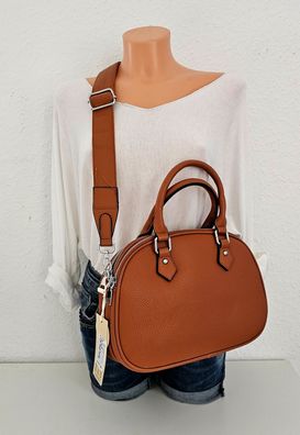 Umhängetasche Henkeltasche Schultertasche Kunstleder 3 Reißverschlussfächer Cognac