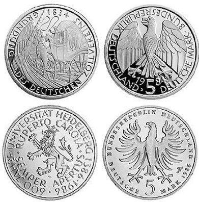 5 Deutsche Mark Gedenkmünze, 1984 D / 1986 D. Wie neu. Zollvereins 1834 / Uni. Heidelb