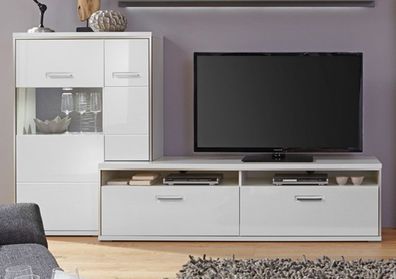 Lowboard mit Highboard Travis 15 weiß Hochglanz TV-Möbel Wohnmöbel