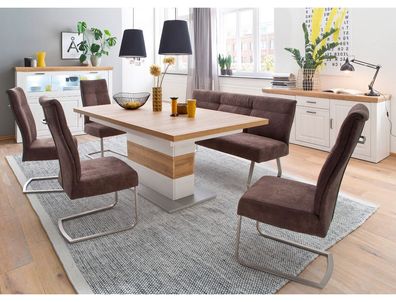 Esszimmer Bruneck 144 Pinie weiss Nb + Bank Stuhl Talida sand 8-teilig