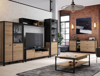 Wohnzimmer Hector 30 Schwarz Riviera Eiche 6-teilig Wohnwand Couchtisch