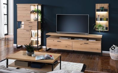 Wohnzimmer Silvio 34 Balkeneiche Bianco teilmassiv 4-teilig TV-Wand LED