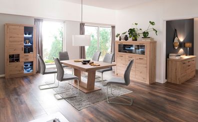 Esszimmer Mauro 144 Balkeneiche Nb. + Stuhl Franzi grau Esstisch LED