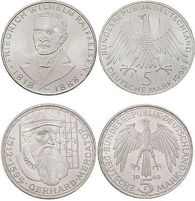 5 Deutsche Mark Silber Gedenkmünze 1968 J/1969 F. NEU unbenutzt. Raiffeisen / Mercator