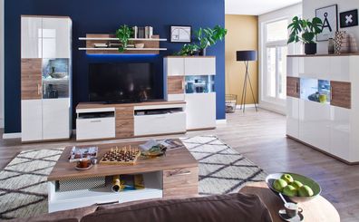 Wohnzimmer Lorenz 31 weiß Hochglanz 6-teilig TV-Wand Couchtisch LED