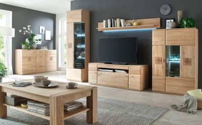 Wohnzimmer Bonn 30 Eiche Bianco teilmassiv 6-teilig TV-Wand LED