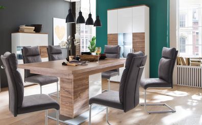 Esszimmer Lorenz 142 weiß Hochglanz + Stühle Picora grau Tisch