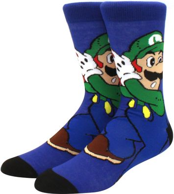 Luigi Blaue Lustige Socken - Super Mario 360° Charakter Crew Cartoon Motiv-Socken