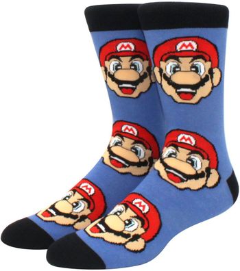 Blaue Big Face Lustige Socken - Super Mario 360° Charakter Crew Cartoon Motiv-Socken