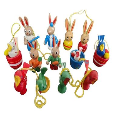 Bunte Hand bemalte Hasen Figuren & Hand geschnitzelt aus Holz zum Anhängen13er Set