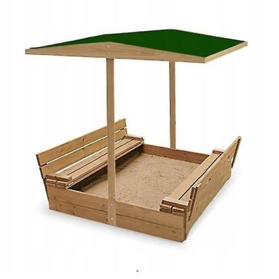 Sandkasten aus Holz mit Sitzbank Dach Sandbox 150x150cm Vlies Imprägniert Grün 10918