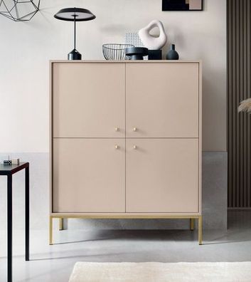 BETTSO Kommode Vitrine 4 Türen 8 Einlegeböden MOLLY Beige Goldrahmen