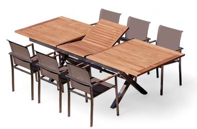 Gartengarnitur Edelstahl Teak Set: Ausziehtisch 200-260x100 cm + 6 Sessel Kuba