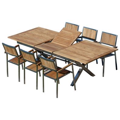 Gartengarnitur Edelstahl Teak Set: Ausziehtisch 200-260x100 cm + 6 Sessel KubaT