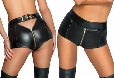 Wetlook-Shorts mit Reißverschluss Hot Pants mit Lack Gürtel schwarz, Made in EU