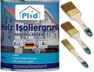 Plid® Holz-Isoliergrund 0,75l Weiß Satin + Pinselset 3-tlg. / Starke Isolierwirkung