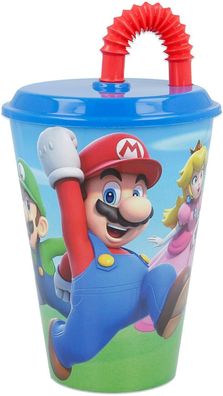 Super Mario Groß Becher mit Deckel und Strohhalm (430ml) Neu