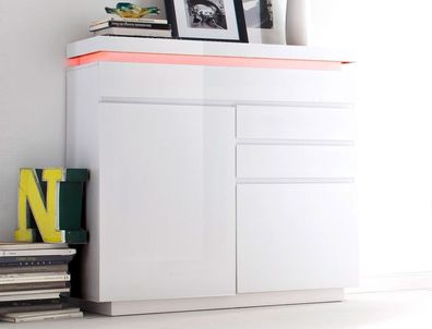 Kommode Odin 120x114x40 cm Hochglanz weiß LED Beleuchtung Schubkasten