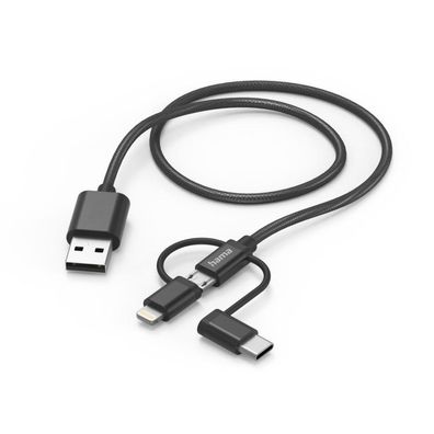 HAMA 3in1 Multi-Ladekabel, USB-A - Micro-USB, USB-C u. Lightning, 1,5 m, Schwarz