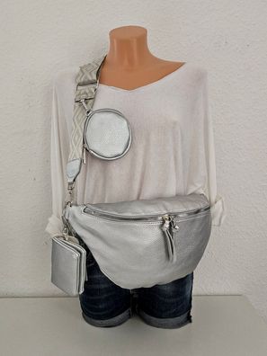 Bauchtasche Gürteltasche Cross Body Bag Kunstleder 2 extra Taschen Gurt Silber