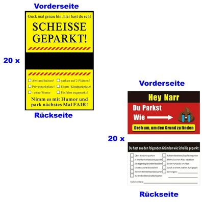 40x Parksünder Karte 20x "Scheiße geparkt" + 20x "Du Narr" gegen Falschparker