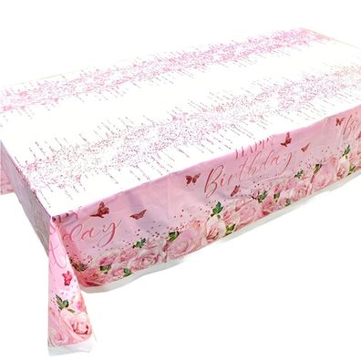 Party Tischdecke Rosa/ Gold mit Rosen verziert "Happy Birthday" 180 x 108 cm