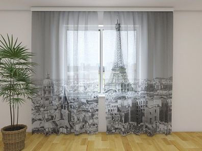 Fotogardine "Paris schwarz-weiss" / HxB: 185x120 cm / Chiffon / Kräuselband