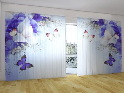 Fotogardine "Iris und Schmetterlinge" / HxB: 230x400 cm / Gabardine / Tunnelzug