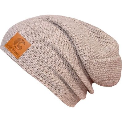 Sylt Brands Long Beanie Mütze in Hellbeige mit Lederpatch (EU Produktion) - Exklusiv!