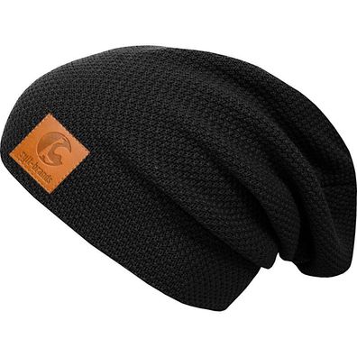 Sylt Brands Long Beanie Mütze in Schwarz mit Lederpatch (EU Produktion) - Exklusiv!