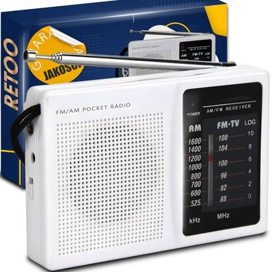 Tragbares Radio AM FM, Taschenradio mit Griff 11,5 x 2,5 x 7,5cm Weiß Retoo