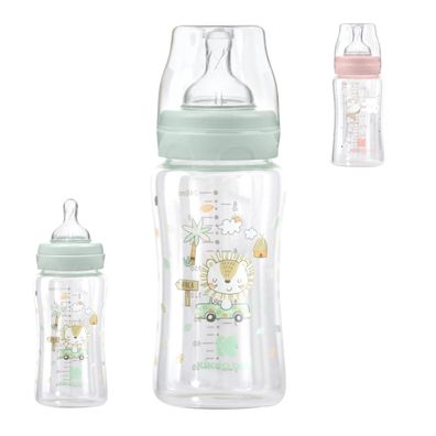 Kikkaboo Baby Glasflasche 240 ml, Weithalsöffnung, Deckel, Silikonsauger Größe M