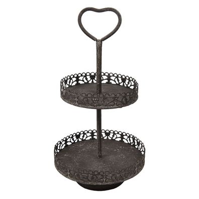 Clayre & Eef 2-stöckige Etagere Ø 25x47 cm Schwarz Eisen Rund Herz (Gr. Ø 25x47 cm)