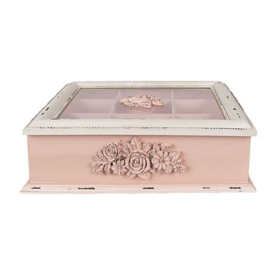 Clayre & Eef Teebox mit 9 Fächern 32x26x9 cm Rosa Holzprodukt Rechteck Blumen