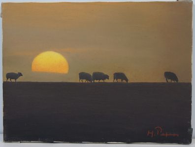Ölgemälde Horst Peters um 1990 Schafe am Deich / 5860