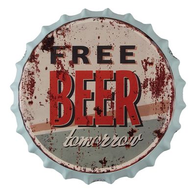 Clayre & Eef Textschild Ø 33 cm Rot Beige Eisen Free Beer (Gr. Ø 33x4 cm)