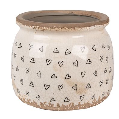 Clayre & Eef Blumentopf Ø 16x13 cm Beige Schwarz Keramik Herzen (Gr. Ø 16x13 cm)