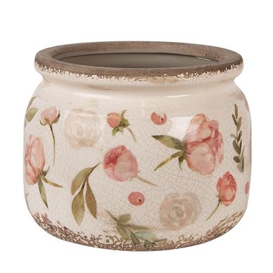 Clayre & Eef Blumentopf Ø 20x15 cm Beige Rosa Keramik Blumen (Gr. Ø 20x15 cm)
