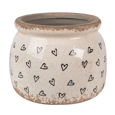 Clayre & Eef Blumentopf Ø 12x10 cm Beige Schwarz Keramik Herzen (Gr. Ø 12x10 cm)