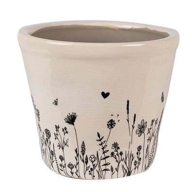 Clayre & Eef Blumentopf Ø 12x11 cm Beige Schwarz Keramik Blumen (Gr. Ø 12x11 cm)